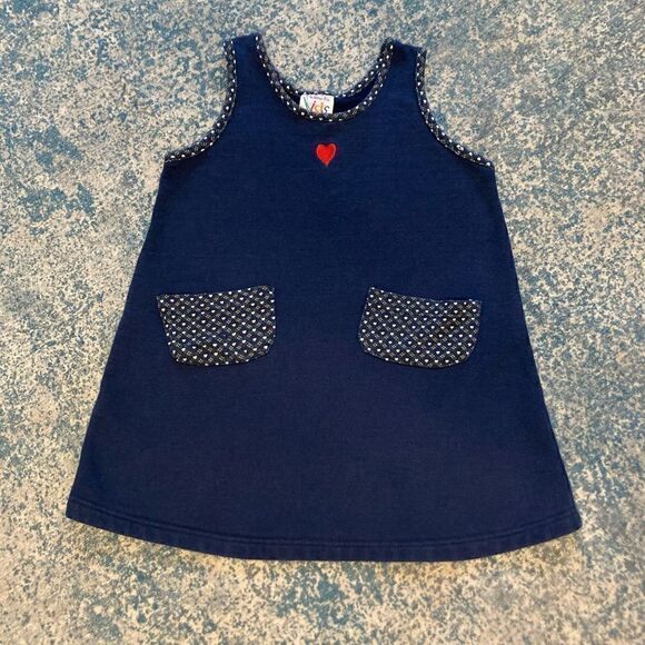 Talbots Kids, Vintage Tunic Overall Dress Navy Blue Front Pockets Heart Print XS - Picture 8 of 8